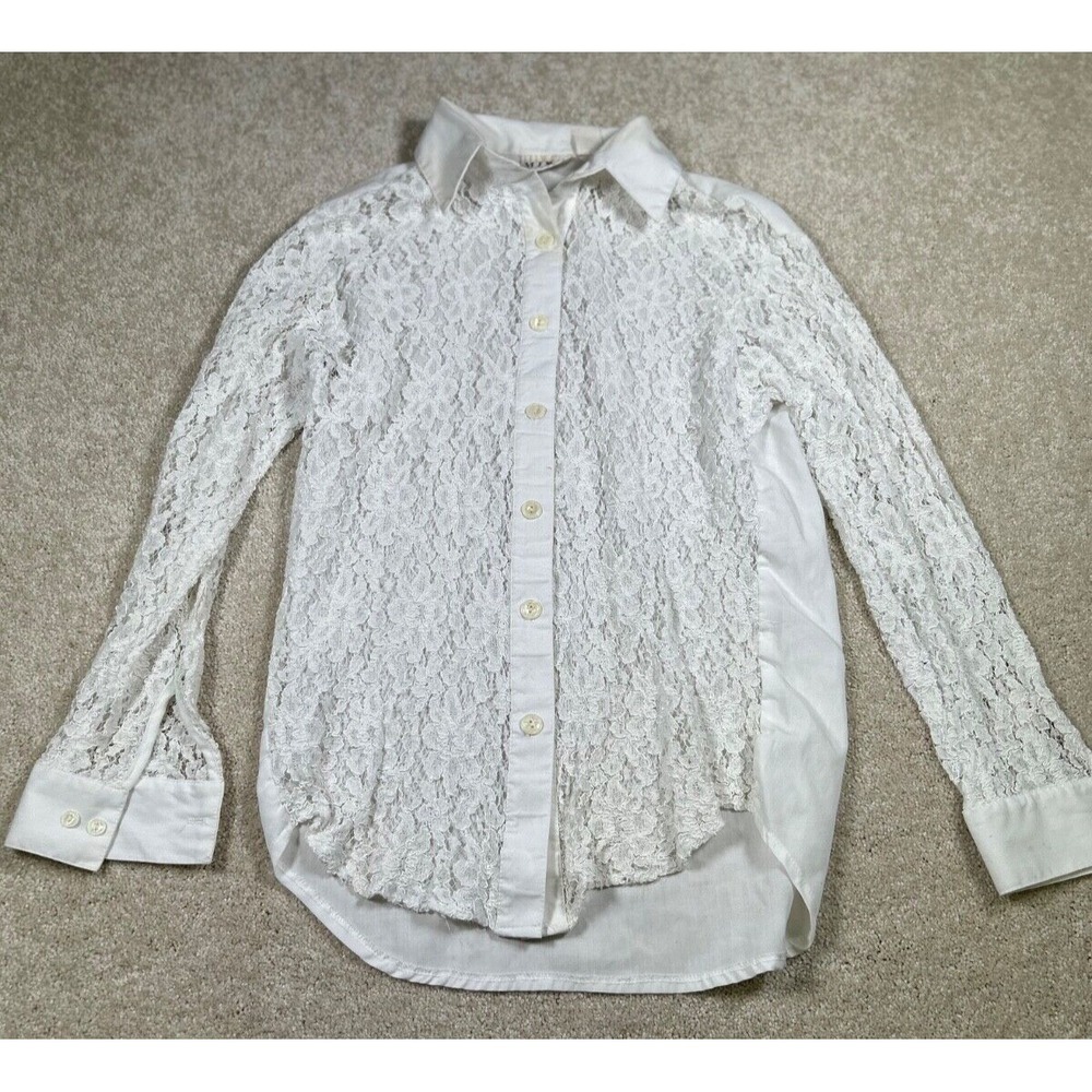 Vintage Mix It Womans‎ Size M Sheer Lace Long Sleeve Button Up Shirt White